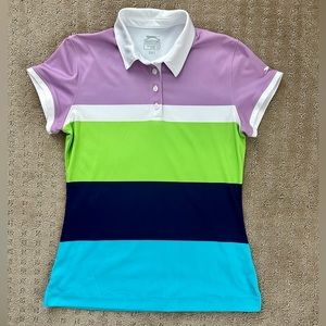 Slagenzer Women’s Small Purple, Navy, Green & Blue Striped Polo. Tennis. Golf.